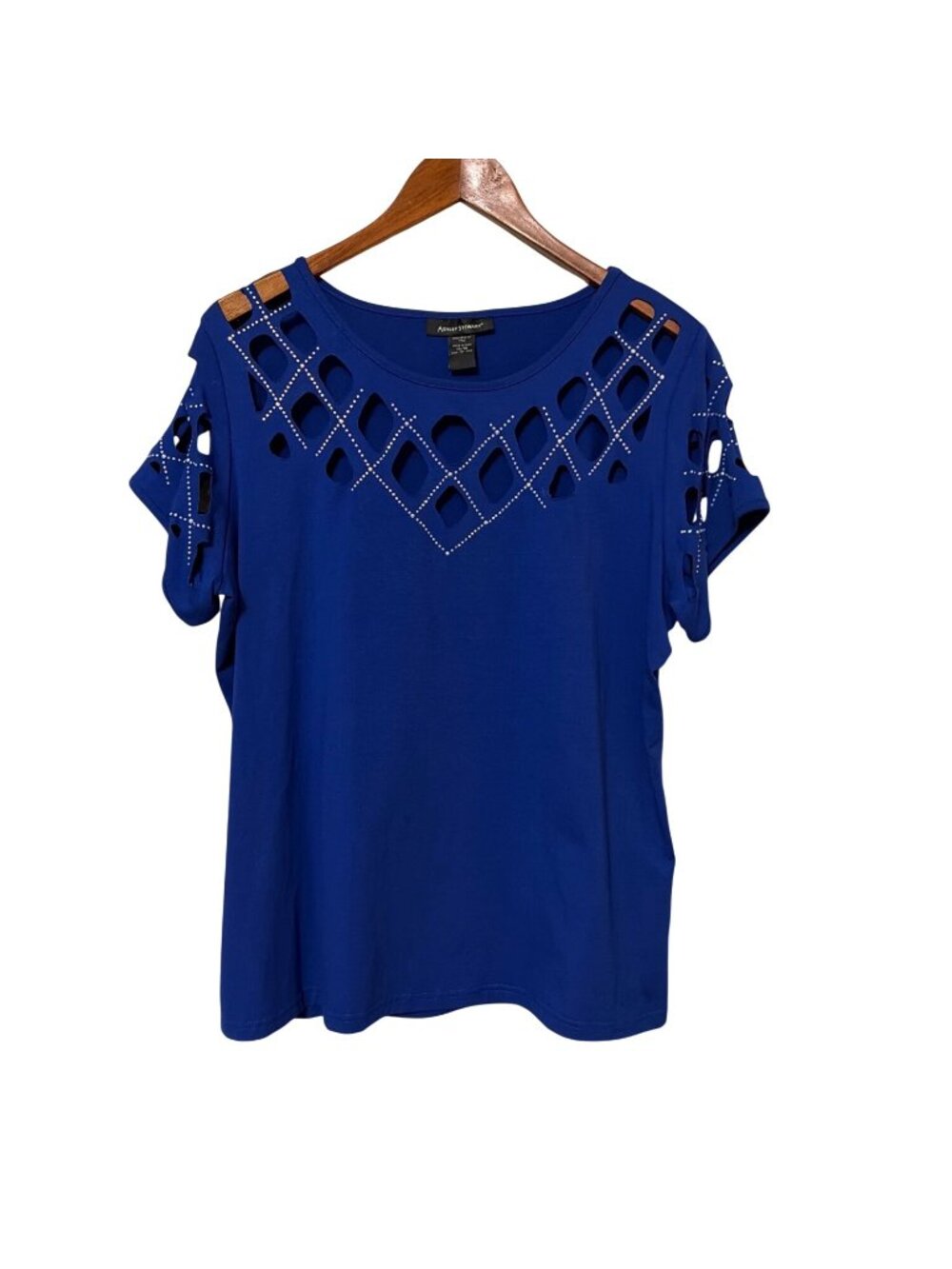 Ashley Stewart Blue Short-Sleeve Top With Cutout & Rhinestone Details Size 14/16